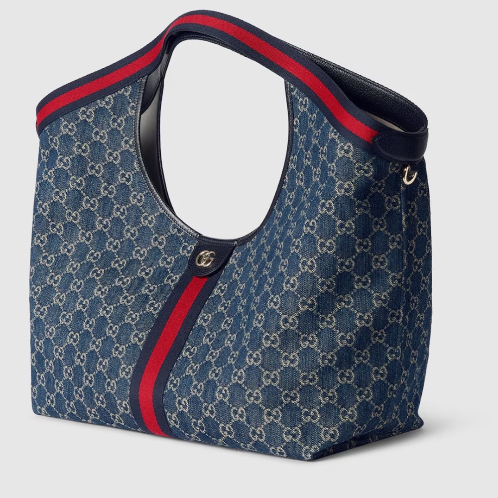 Gucci 2025 Navy Red Denim Tote Giglio large tote bag GG Purse XL